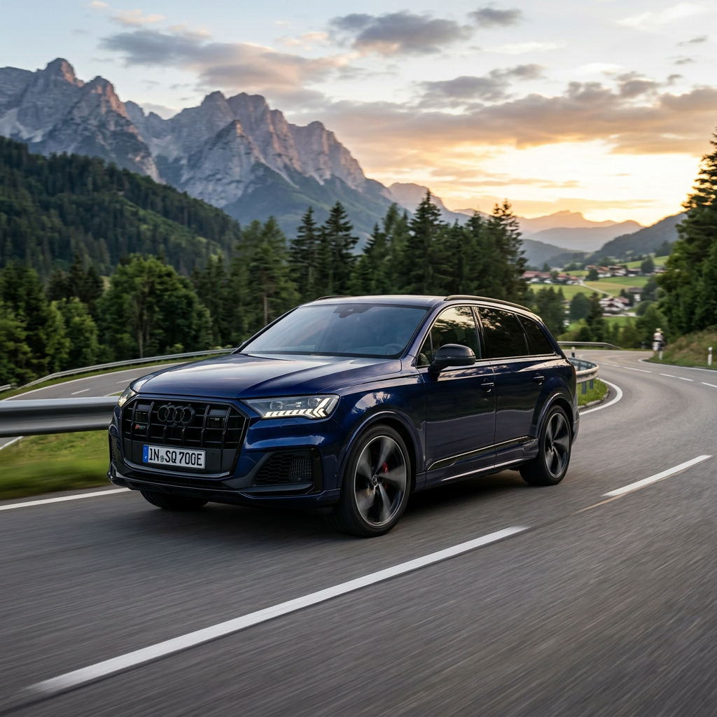 Dark blue Audi SUV driving on curved mountain highway with forest and peaks in background
